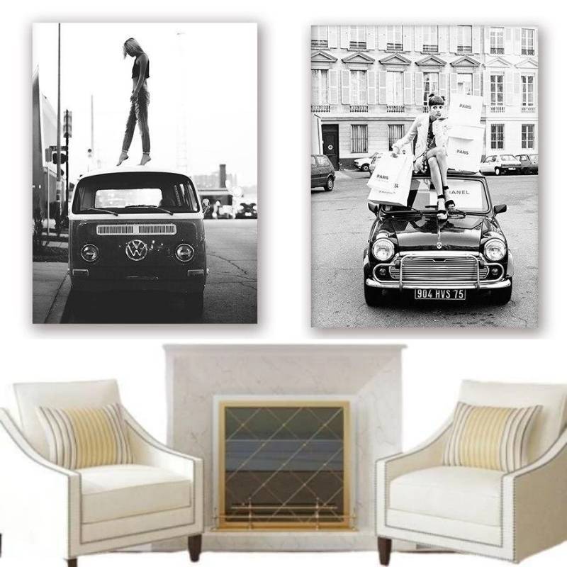 Vintage sort/hvid bilmaleri